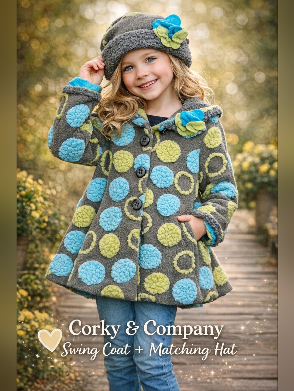 Corky & Company Girls Swing Coat NWT Polka Dot Fleece Jacket w/ Hat Size 8